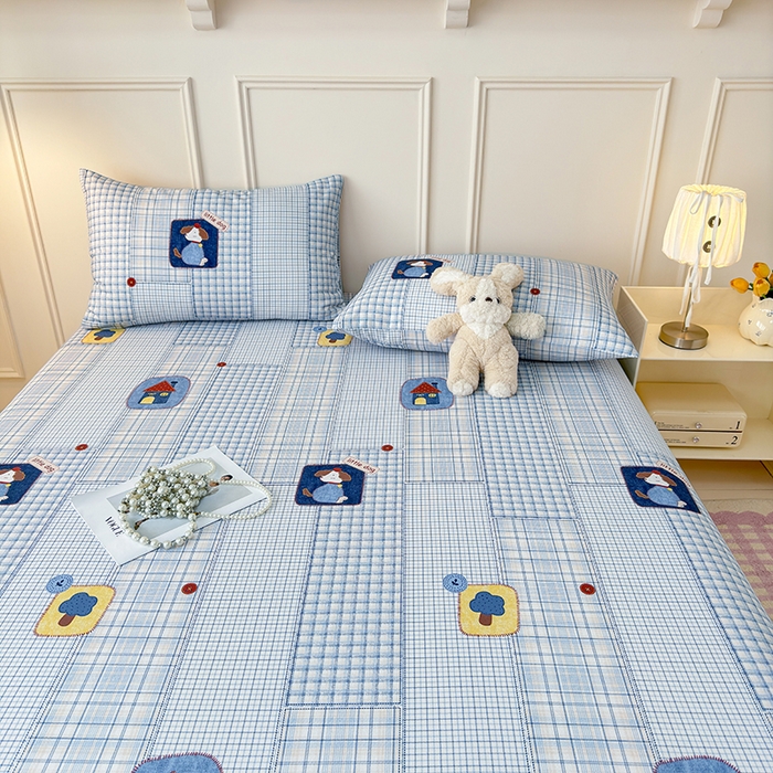 91家纺网 家纺一手货源 找家纺 缦彩 2026新款A类全棉老粗布床笠单件加厚床罩三件套 萌犬格纹