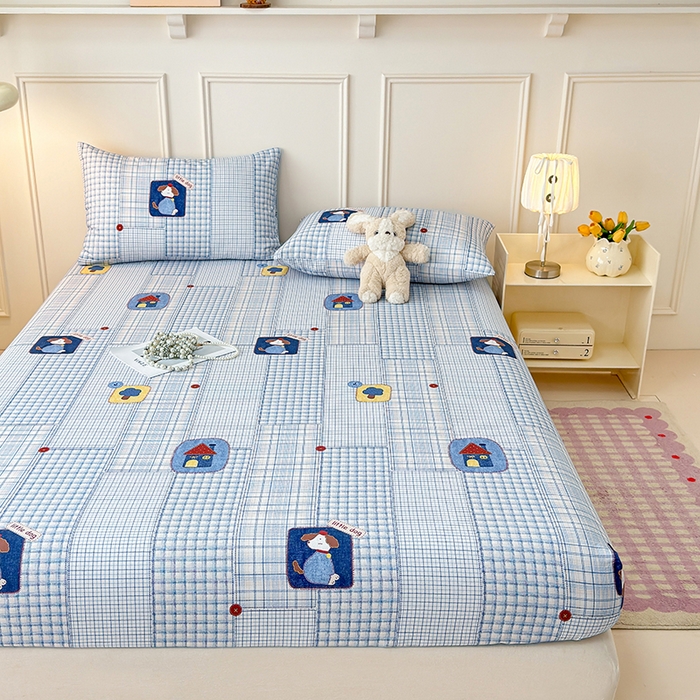 91家纺网 家纺一手货源 找家纺 缦彩 2026新款A类全棉老粗布床笠单件加厚床罩三件套 萌犬格纹