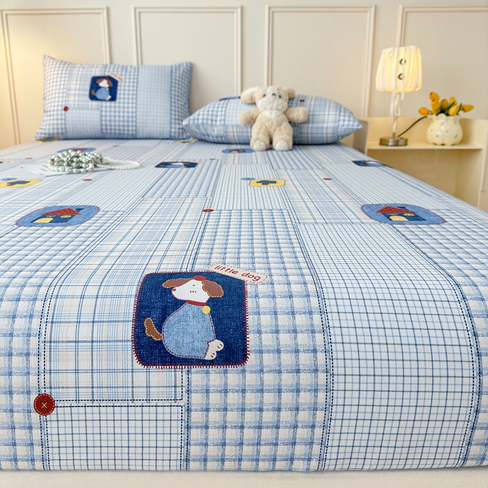 91家纺网 家纺一手货源 找家纺 缦彩 2026新款A类全棉老粗布床笠单件加厚床罩三件套 萌犬格纹