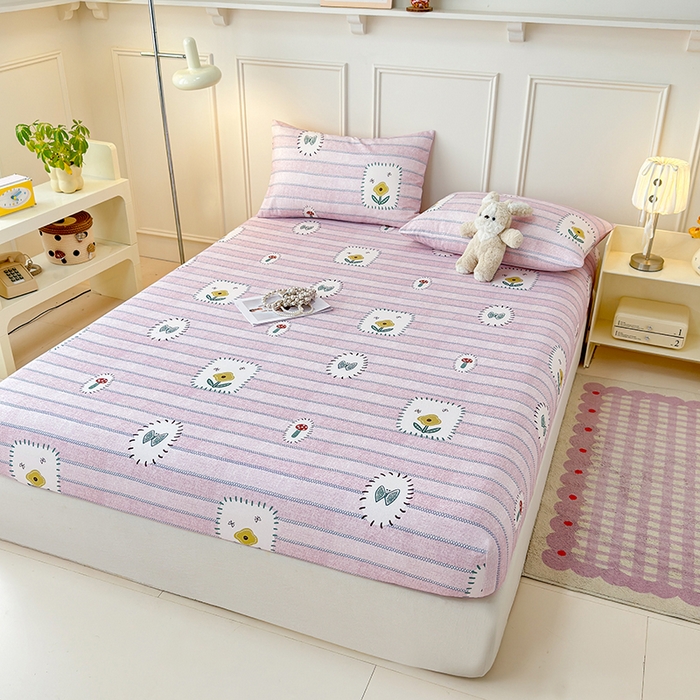 91家纺网 家纺一手货源 找家纺 缦彩 2026新款A类全棉老粗布床笠单件加厚床罩三件套 浅草花信