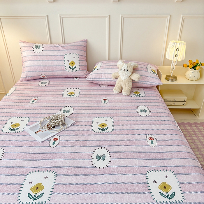 91家纺网 家纺一手货源 找家纺 缦彩 2026新款A类全棉老粗布床笠单件加厚床罩三件套 浅草花信