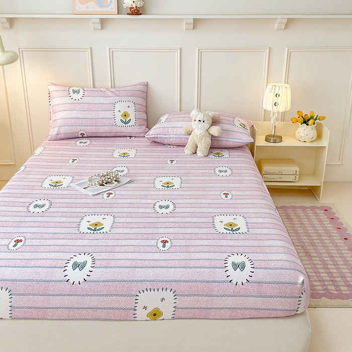 91家纺网 家纺一手货源 找家纺 缦彩 2026新款A类全棉老粗布床笠单件加厚床罩三件套 浅草花信