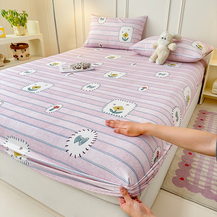 91家纺网 家纺一手货源 找家纺 缦彩 2026新款A类全棉老粗布床笠单件加厚床罩三件套 浅草花信