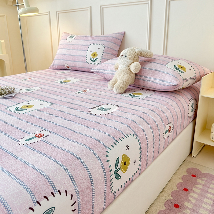 91家纺网 家纺一手货源 找家纺 缦彩 2026新款A类全棉老粗布床笠单件加厚床罩三件套 浅草花信