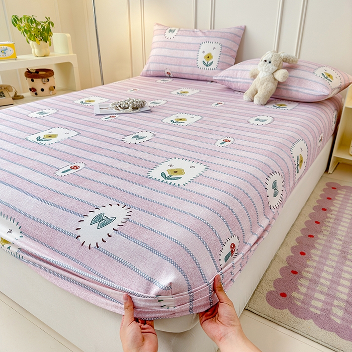 91家纺网 家纺一手货源 找家纺 缦彩 2026新款A类全棉老粗布床笠单件加厚床罩三件套 浅草花信