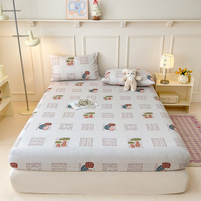 91家纺网 家纺一手货源 找家纺 缦彩 2026新款A类全棉老粗布床笠单件加厚床罩三件套 森系小菇