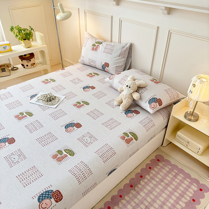 91家纺网 家纺一手货源 找家纺 缦彩 2026新款A类全棉老粗布床笠单件加厚床罩三件套 森系小菇