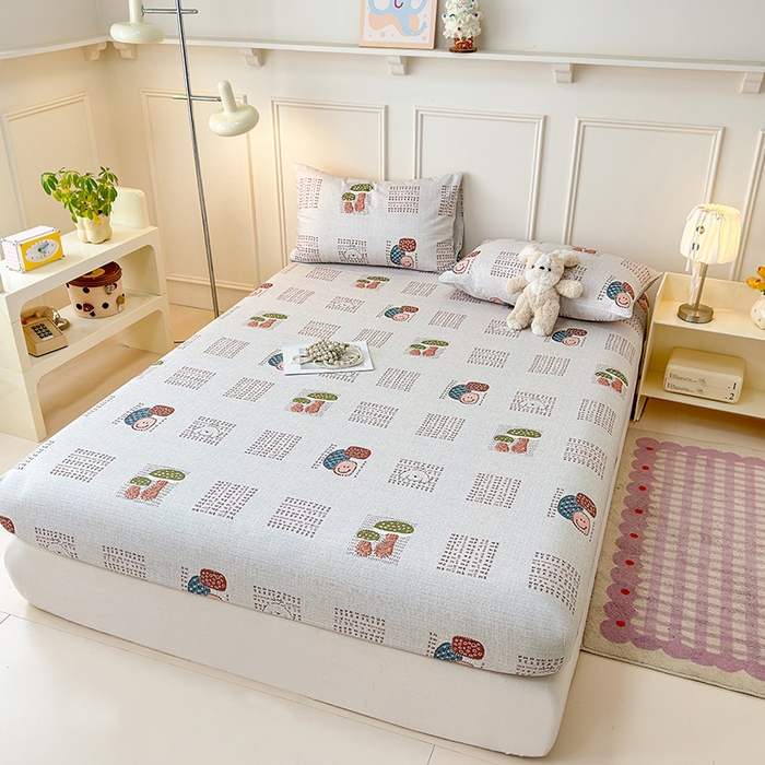 91家纺网 家纺一手货源 找家纺 缦彩 2026新款A类全棉老粗布床笠单件加厚床罩三件套 森系小菇