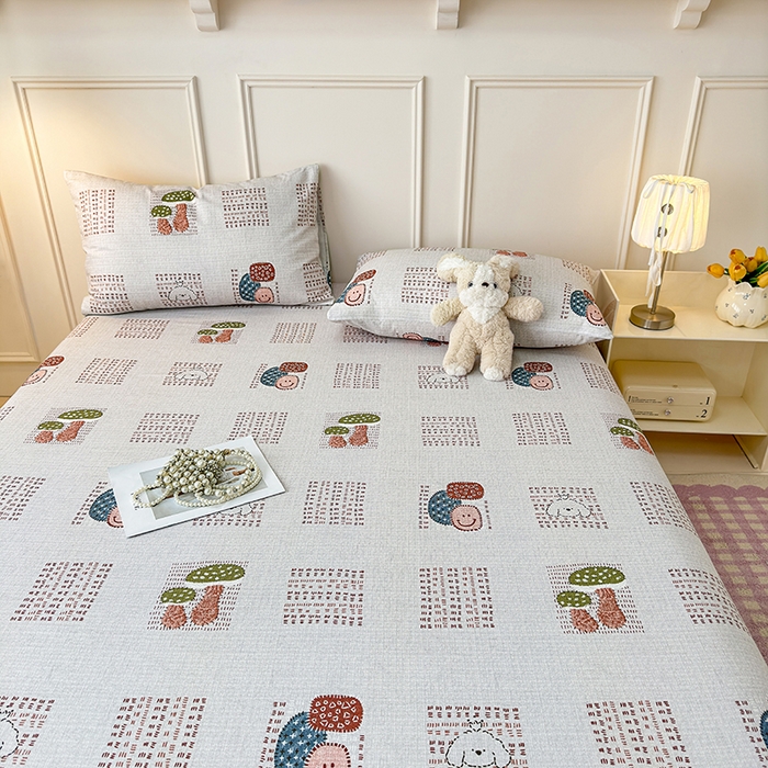 91家纺网 家纺一手货源 找家纺 缦彩 2026新款A类全棉老粗布床笠单件加厚床罩三件套 森系小菇