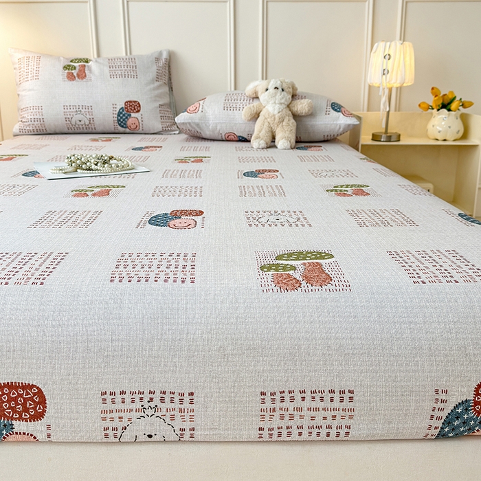 91家纺网 家纺一手货源 找家纺 缦彩 2026新款A类全棉老粗布床笠单件加厚床罩三件套 森系小菇