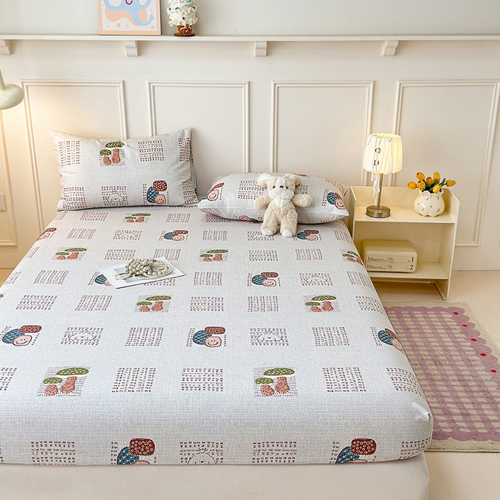 91家纺网 家纺一手货源 找家纺 缦彩 2026新款A类全棉老粗布床笠单件加厚床罩三件套 森系小菇