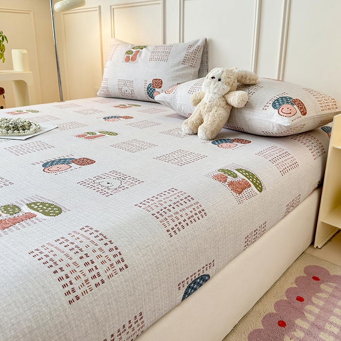 91家纺网 家纺一手货源 找家纺 缦彩 2026新款A类全棉老粗布床笠单件加厚床罩三件套 森系小菇