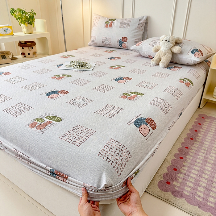 91家纺网 家纺一手货源 找家纺 缦彩 2026新款A类全棉老粗布床笠单件加厚床罩三件套 森系小菇