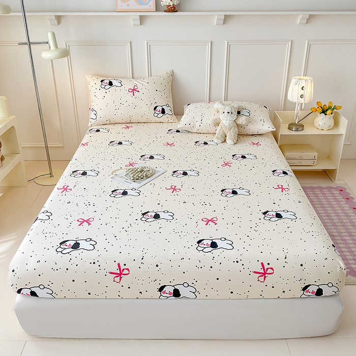 91家纺网 家纺一手货源 找家纺 缦彩 2026新款A类全棉老粗布床笠单件加厚床罩三件套 星点萌宠