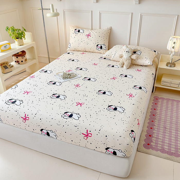 91家纺网 家纺一手货源 找家纺 缦彩 2026新款A类全棉老粗布床笠单件加厚床罩三件套 星点萌宠