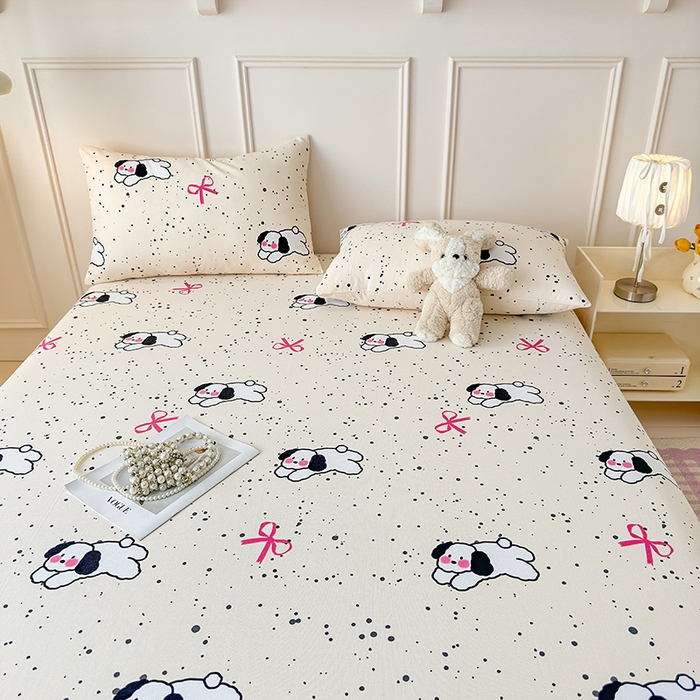 91家纺网 家纺一手货源 找家纺 缦彩 2026新款A类全棉老粗布床笠单件加厚床罩三件套 星点萌宠