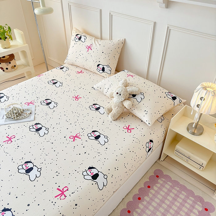 91家纺网 家纺一手货源 找家纺 缦彩 2026新款A类全棉老粗布床笠单件加厚床罩三件套 星点萌宠