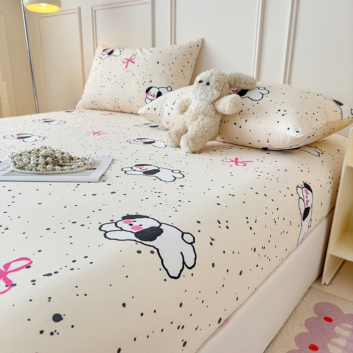 91家纺网 家纺一手货源 找家纺 缦彩 2026新款A类全棉老粗布床笠单件加厚床罩三件套 星点萌宠