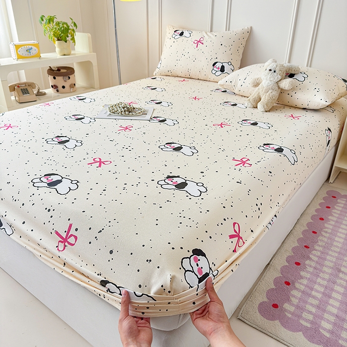 91家纺网 家纺一手货源 找家纺 缦彩 2026新款A类全棉老粗布床笠单件加厚床罩三件套 星点萌宠