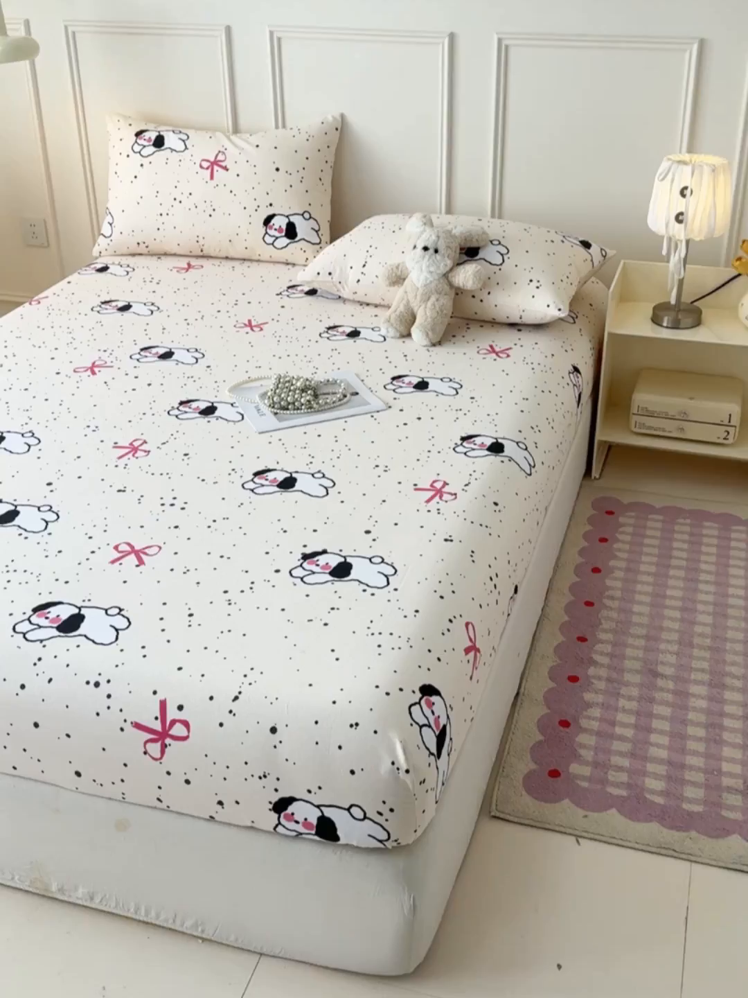 91家纺网 家纺一手货源 找家纺 缦彩 2026新款A类全棉老粗布床笠单件加厚床罩三件套 星点萌宠