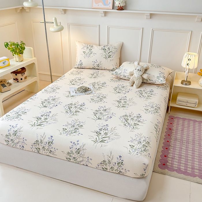 91家纺网 家纺一手货源 找家纺 缦彩 2026新款A类全棉老粗布床笠单件加厚床罩三件套 云间青色