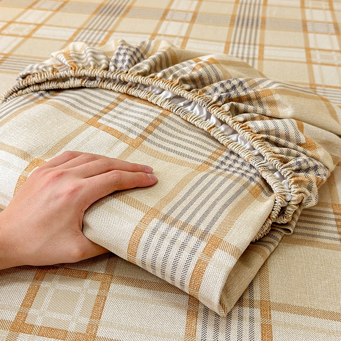 缦彩 2026新款A类全棉老粗布床笠单件加厚床罩三件套 金灰格调