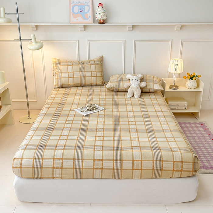 91家纺网 家纺一手货源 找家纺 缦彩 2026新款A类全棉老粗布床笠单件加厚床罩三件套 金灰格调