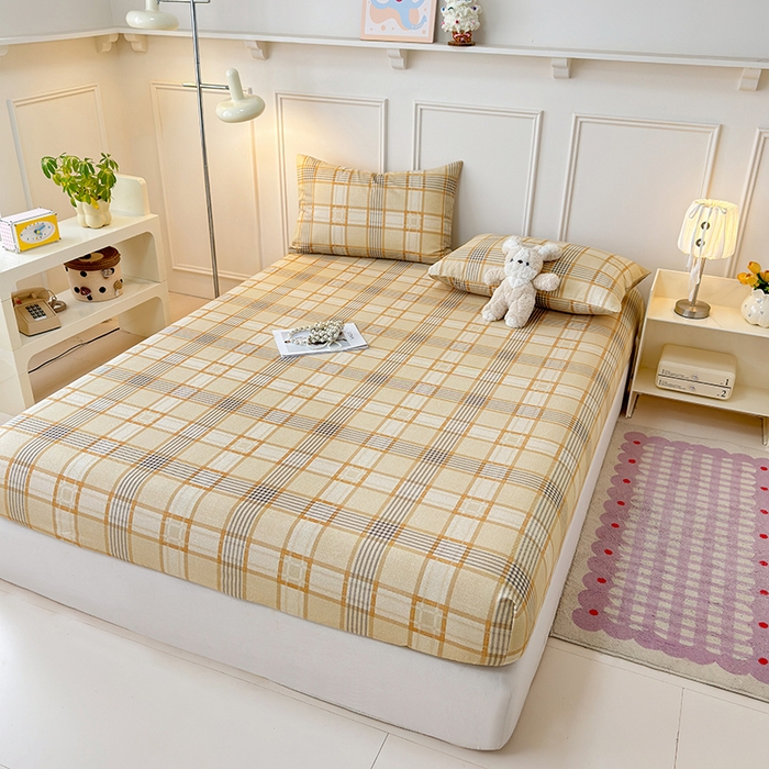 91家纺网 家纺一手货源 找家纺 缦彩 2026新款A类全棉老粗布床笠单件加厚床罩三件套 金灰格调