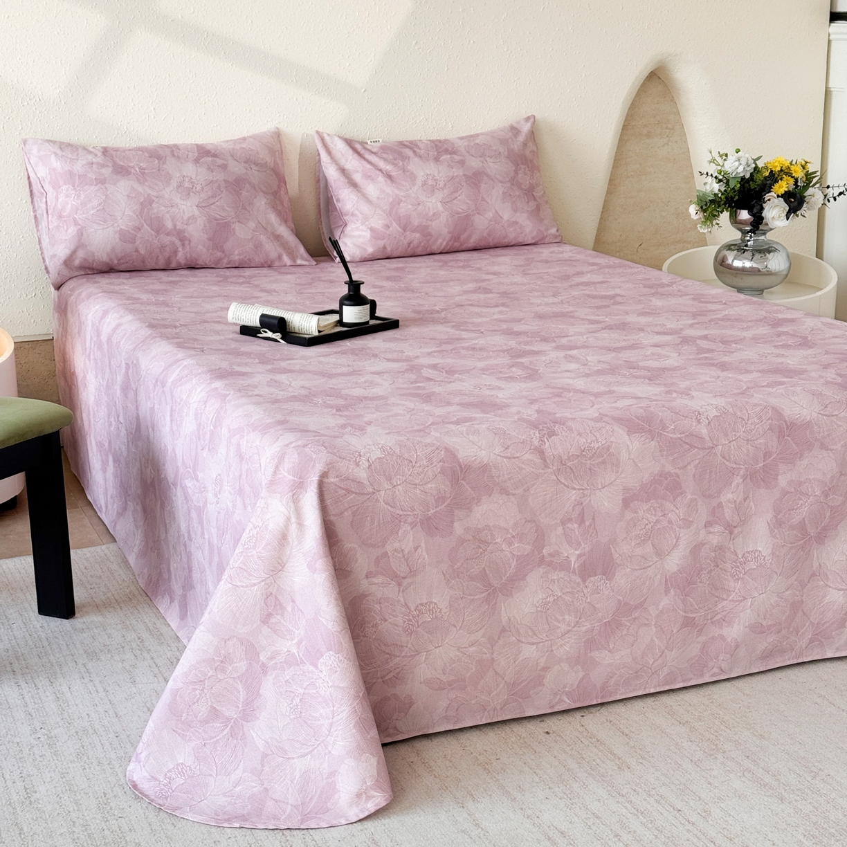 91家纺网 家纺一手货源 找家纺 遇安家纺 2026年新款原棉老粗布凉席三件套 香岛巴黎-粉