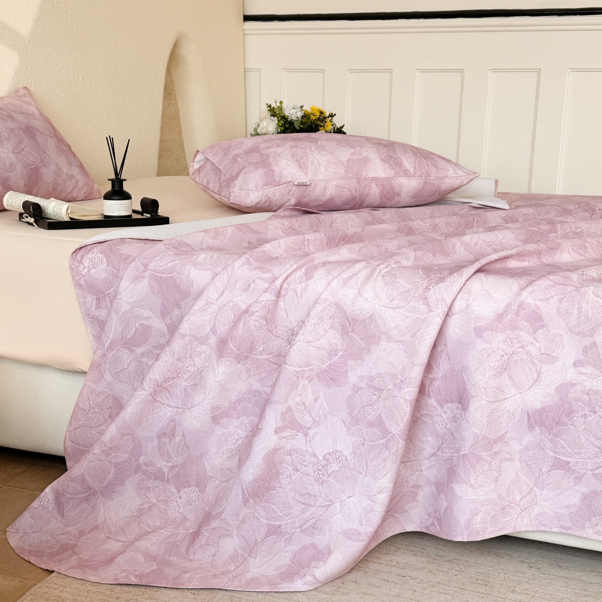 91家纺网 家纺一手货源 找家纺 遇安家纺 2026年新款原棉老粗布凉席三件套 香岛巴黎-粉