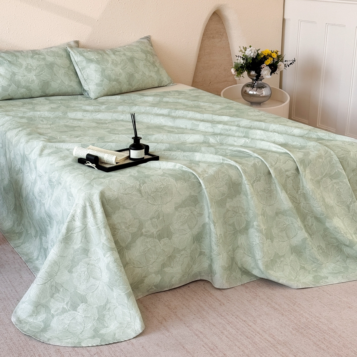 91家纺网 家纺一手货源 找家纺 遇安家纺 2026年新款原棉老粗布凉席三件套 香岛巴黎-绿