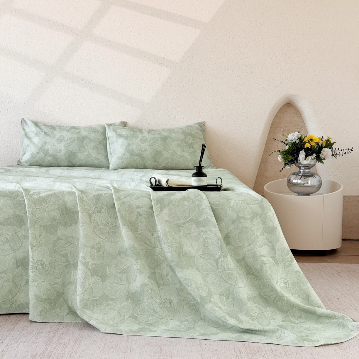 91家纺网 家纺一手货源 找家纺 遇安家纺 2026年新款原棉老粗布凉席三件套 香岛巴黎-绿