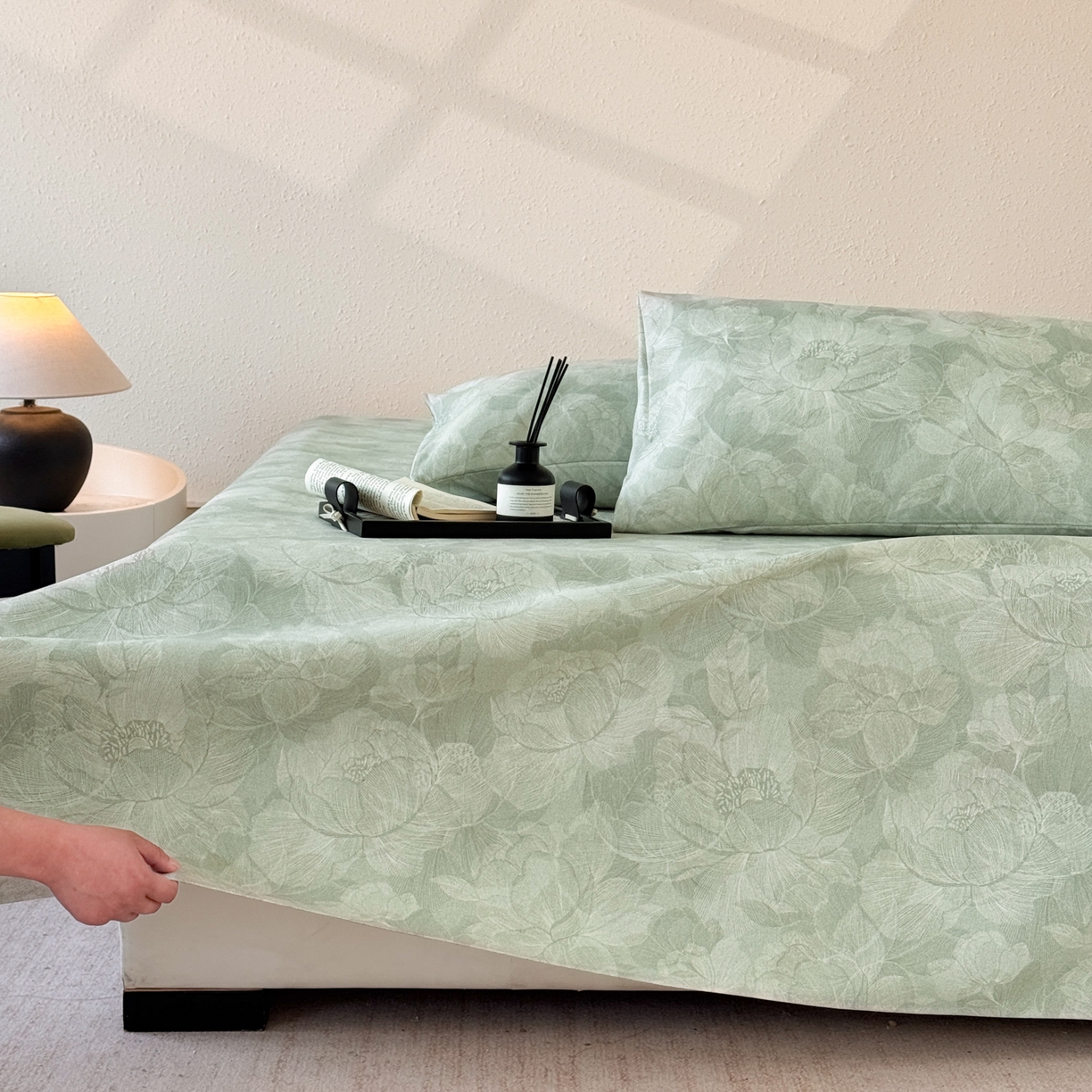 91家纺网 家纺一手货源 找家纺 遇安家纺 2026年新款原棉老粗布凉席三件套 香岛巴黎-绿