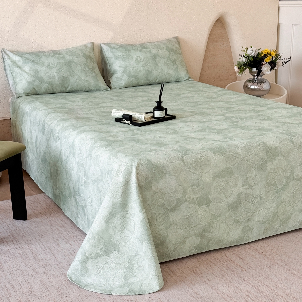 91家纺网 家纺一手货源 找家纺 遇安家纺 2026年新款原棉老粗布凉席三件套 香岛巴黎-绿