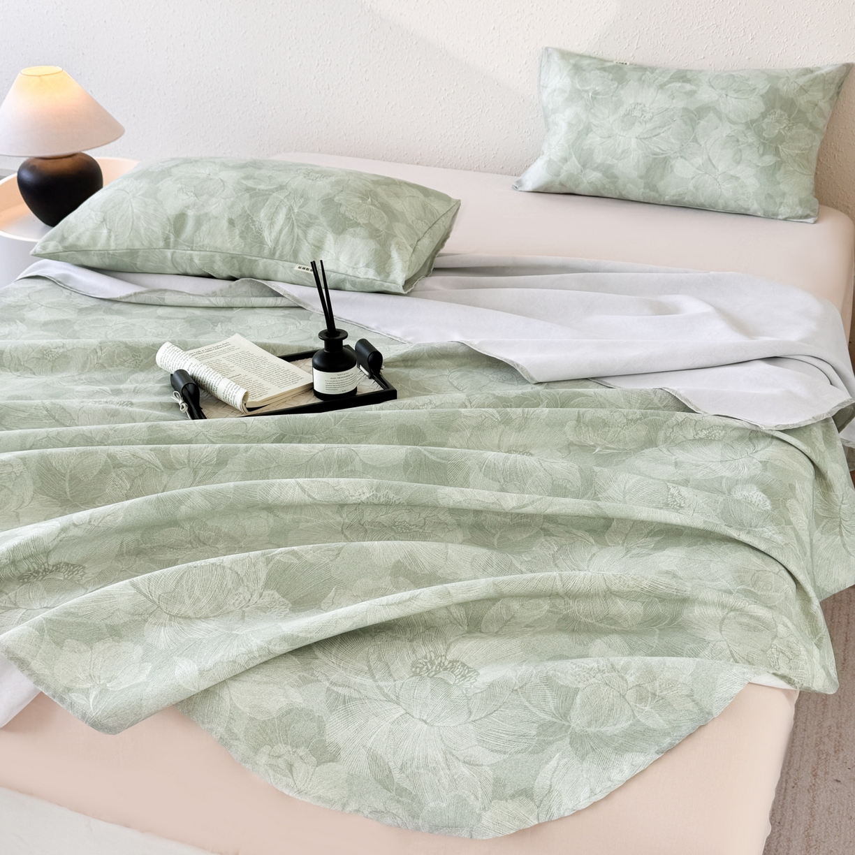 91家纺网 家纺一手货源 找家纺 遇安家纺 2026年新款原棉老粗布凉席三件套 香岛巴黎-绿