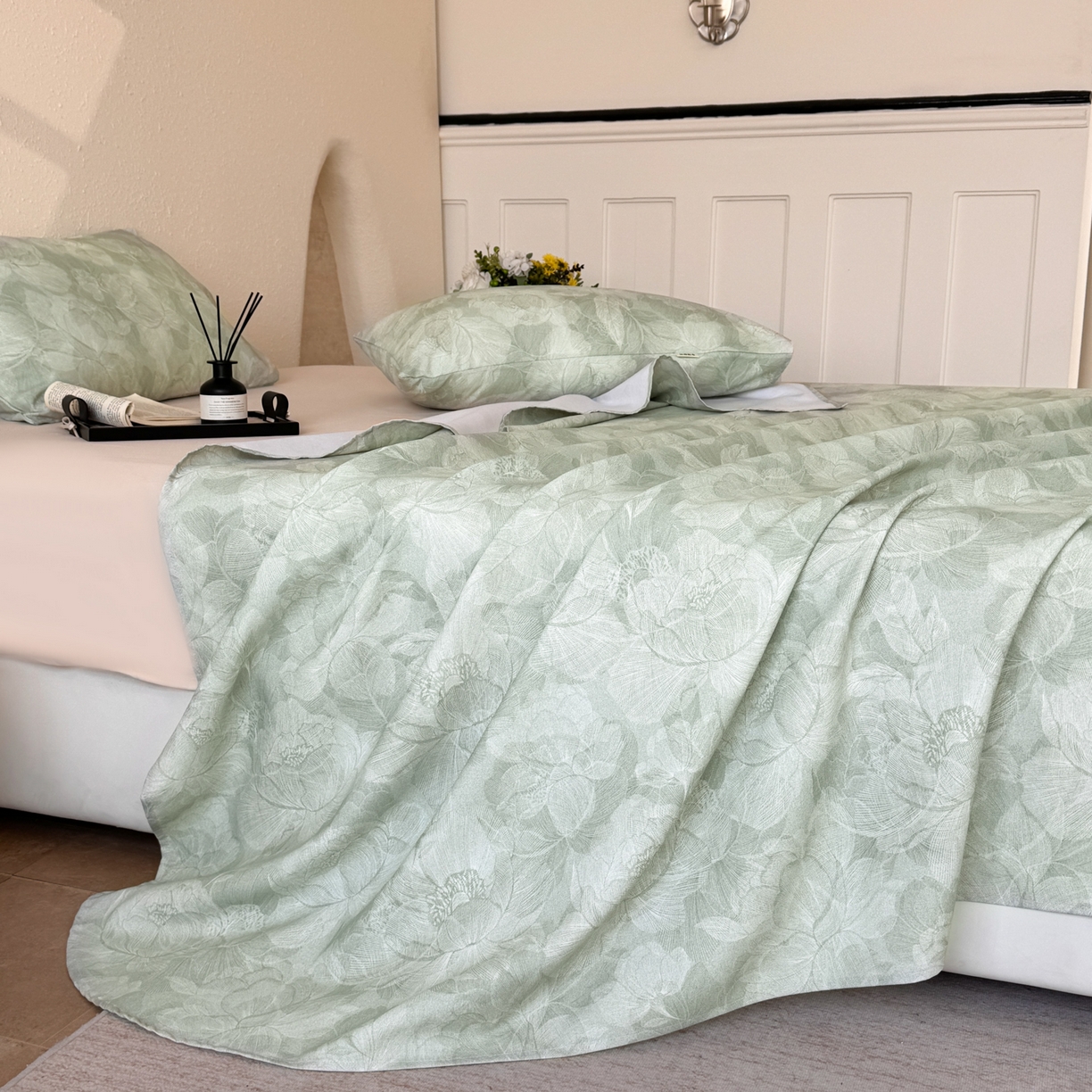 91家纺网 家纺一手货源 找家纺 遇安家纺 2026年新款原棉老粗布凉席三件套 香岛巴黎-绿