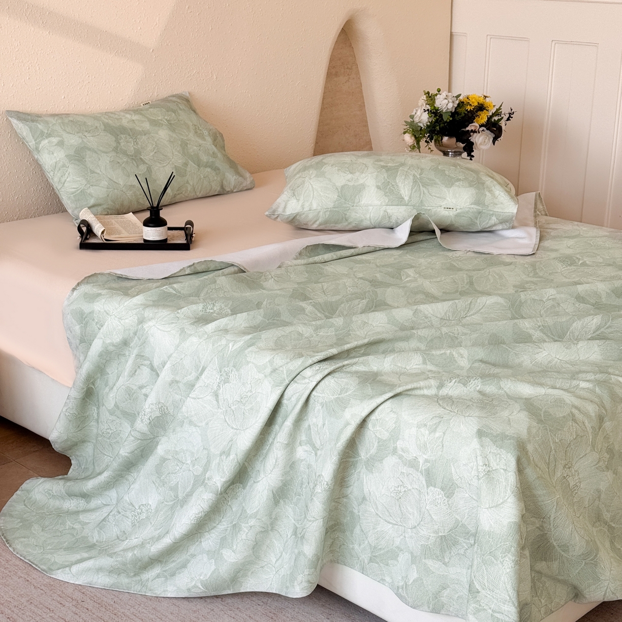 91家纺网 家纺一手货源 找家纺 遇安家纺 2026年新款原棉老粗布凉席三件套 香岛巴黎-绿