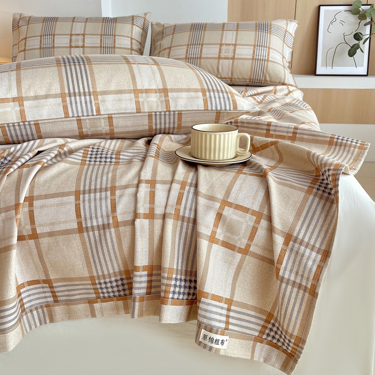 91家纺网 家纺一手货源 找家纺 春皖家纺 2026新款全棉老粗布席子凉席普通款单床单床单单件 意境-咖