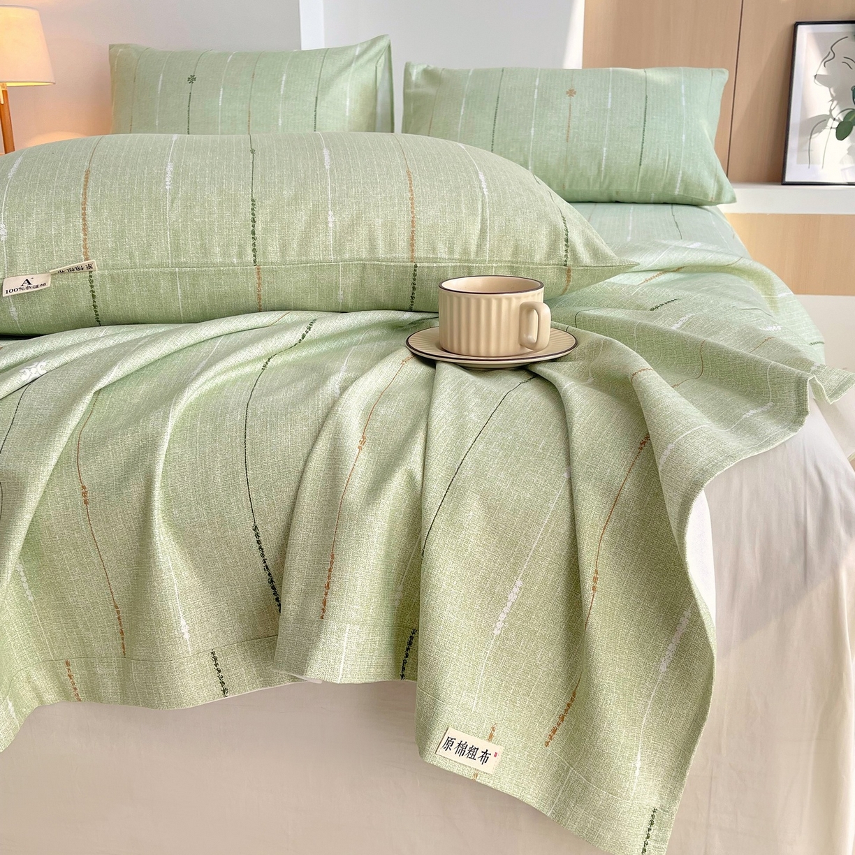 91家纺网 家纺一手货源 找家纺 春皖家纺 2026新款全棉老粗布席子凉席普通款单床单床单单件 自然-绿