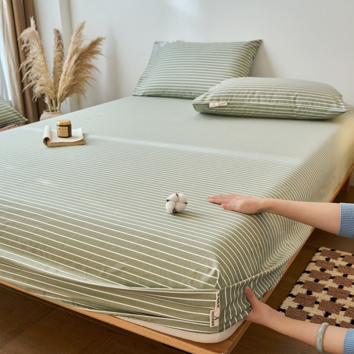 春皖家纺 2026新款全棉老粗布席子凉席普通款单床笠床笠单件 细川-绿
