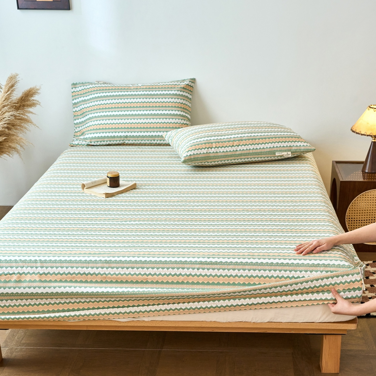 91家纺网 家纺一手货源 找家纺 春皖家纺 2026新款全棉老粗布席子凉席普通款单床笠床笠单件 羽安-绿