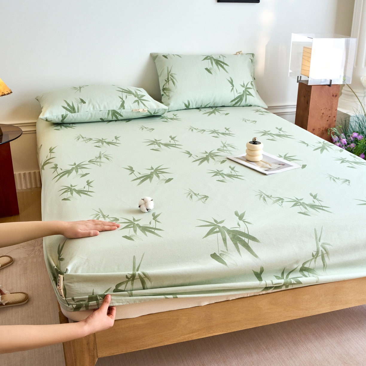 91家纺网 家纺一手货源 找家纺 春皖家纺 2026新款全棉老粗布席子凉席普通款单床笠床笠单件 竹影（无印款）