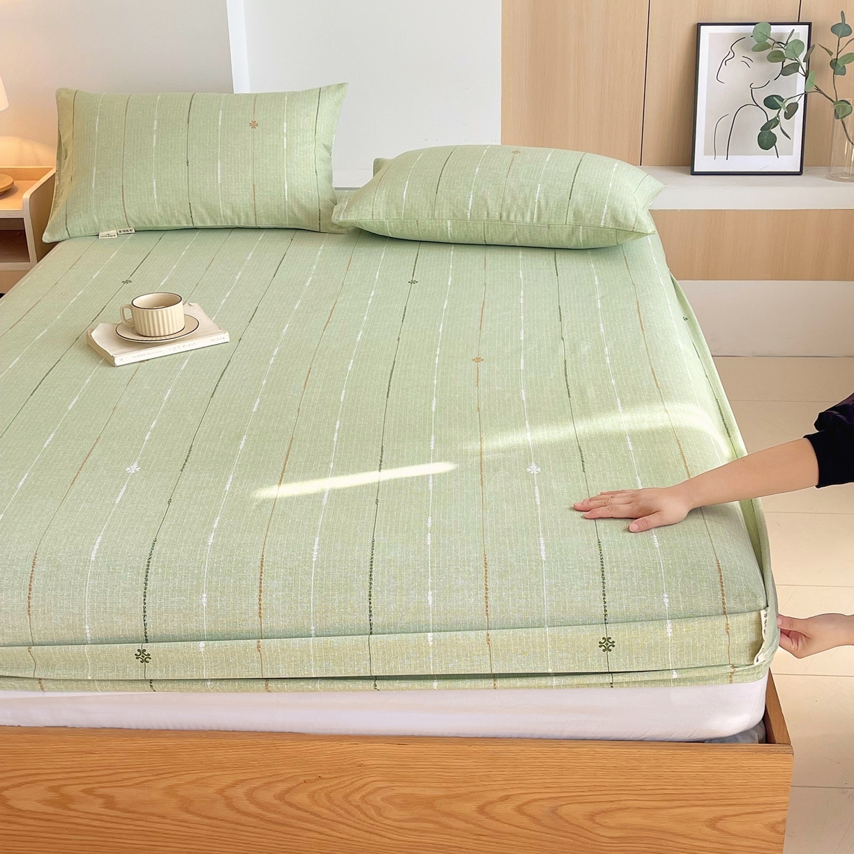 91家纺网 家纺一手货源 找家纺 春皖家纺 2026新款全棉老粗布席子凉席普通款单床笠床笠单件 自然-绿