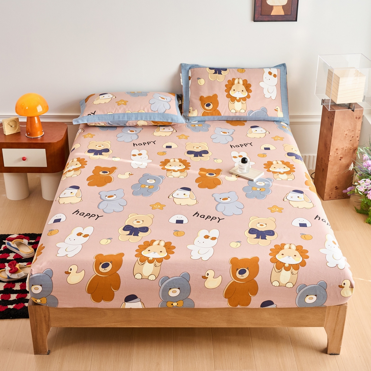 91家纺网 家纺一手货源 找家纺 春皖家纺 2026新款全棉老粗布席子凉席工艺款单床笠床笠单件 快乐熊