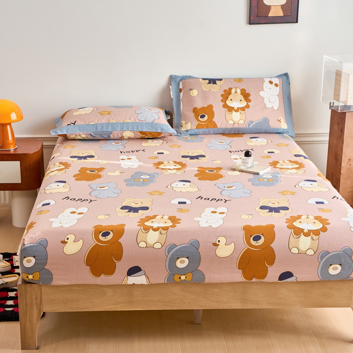 91家纺网 家纺一手货源 找家纺 春皖家纺 2026新款全棉老粗布席子凉席工艺款单床笠床笠单件 快乐熊