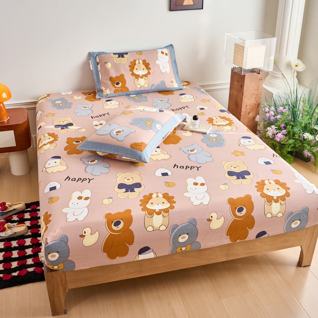 91家纺网 家纺一手货源 找家纺 春皖家纺 2026新款全棉老粗布席子凉席工艺款单床笠床笠单件 快乐熊