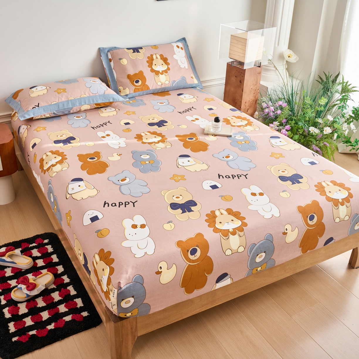 91家纺网 家纺一手货源 找家纺 春皖家纺 2026新款全棉老粗布席子凉席工艺款单床笠床笠单件 快乐熊