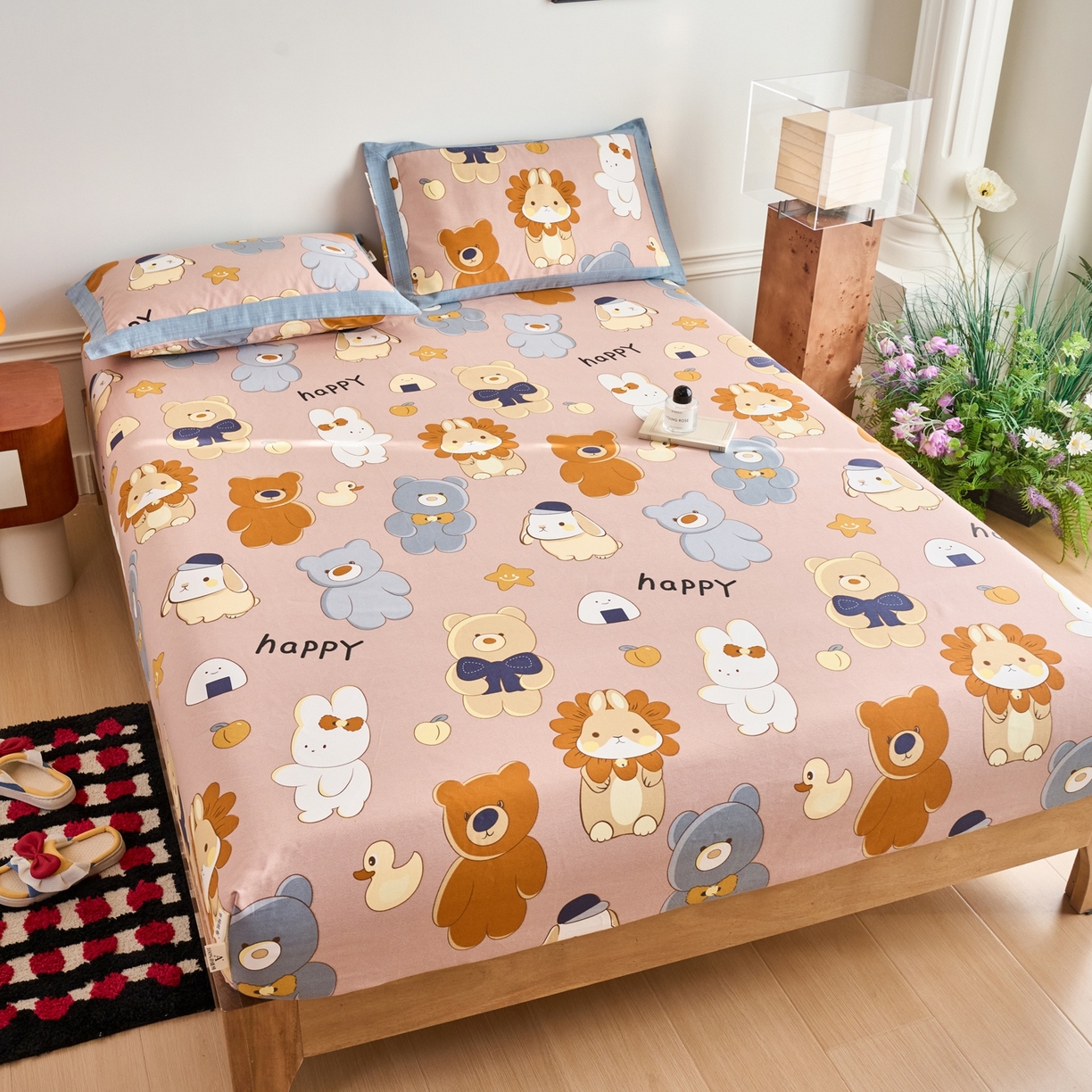 91家纺网 家纺一手货源 找家纺 春皖家纺 2026新款全棉老粗布席子凉席工艺款单床笠床笠单件 快乐熊