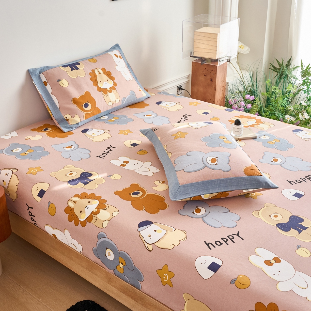 91家纺网 家纺一手货源 找家纺 春皖家纺 2026新款全棉老粗布席子凉席工艺款单床笠床笠单件 快乐熊