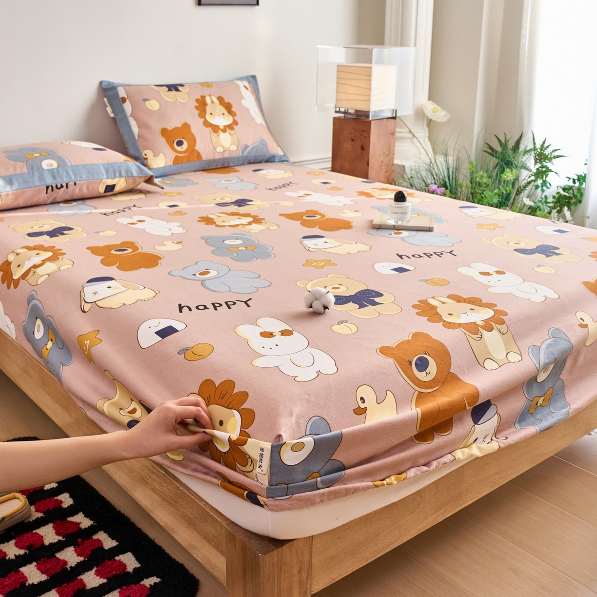 91家纺网 家纺一手货源 找家纺 春皖家纺 2026新款全棉老粗布席子凉席工艺款单床笠床笠单件 快乐熊